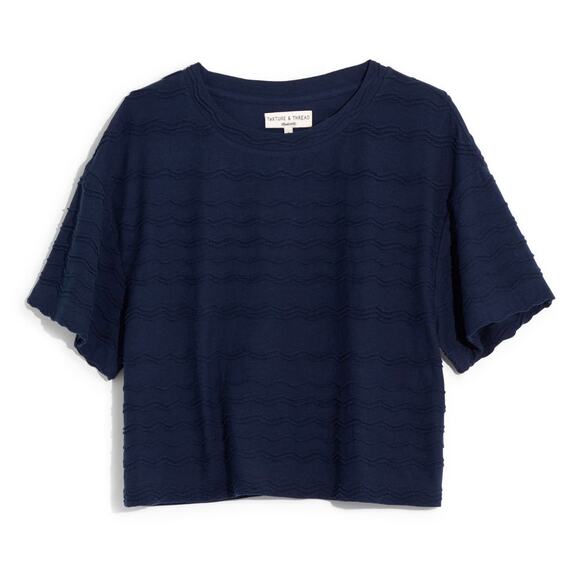 NWT Madewell Scallop Stripe Top Navy Blue Textured Dolman Sleeve T Shirt XXS - Picture 8 of 8